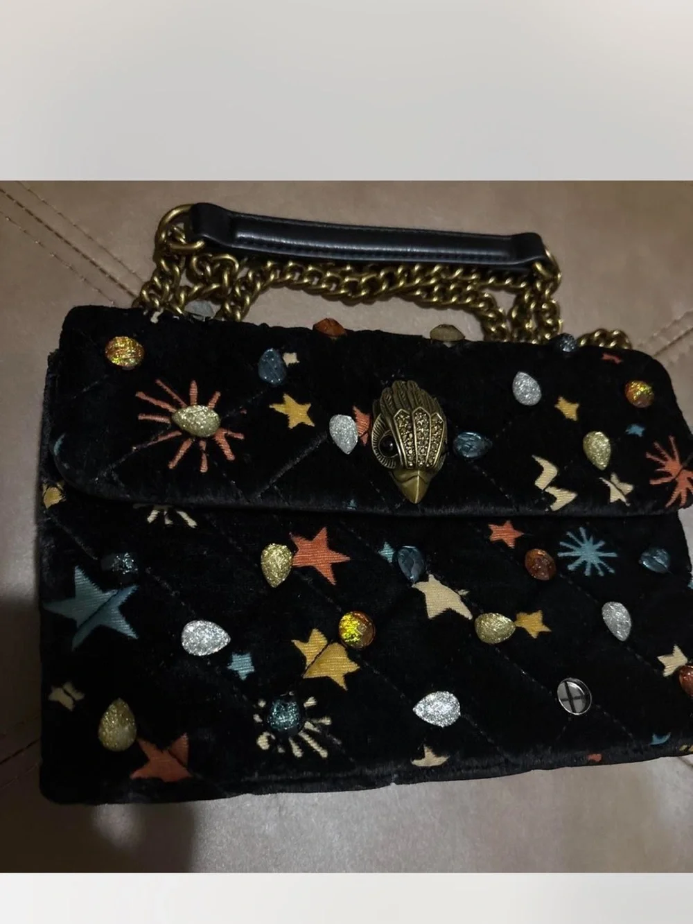 Kurt Geiger Black Velvet Embellished Star-Print Shoulder Bag